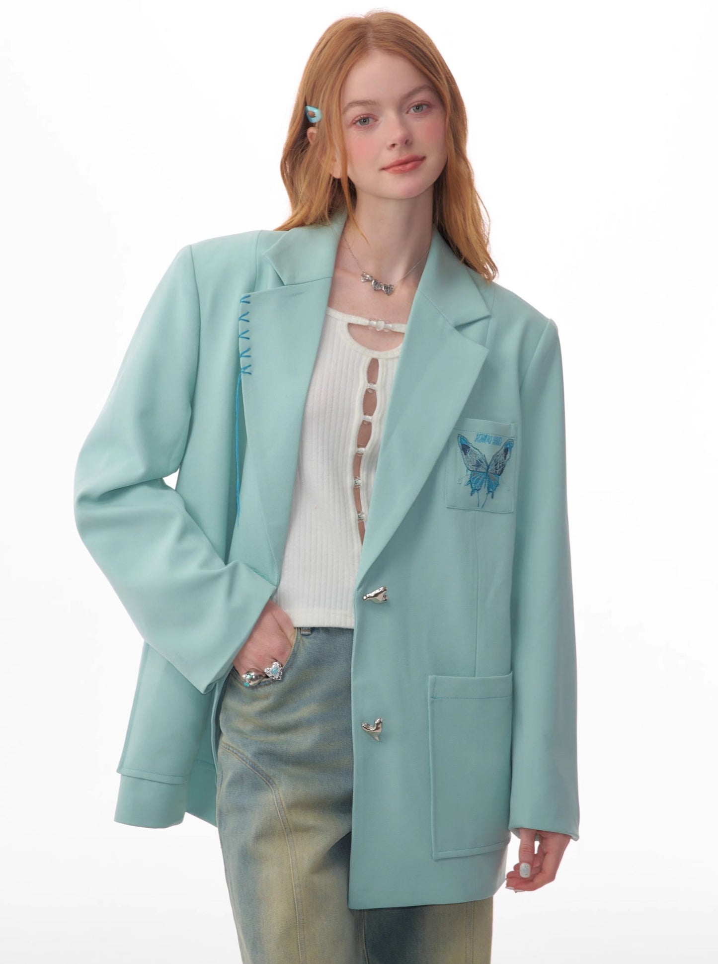 American butterfly embroidery casual blazer jacket