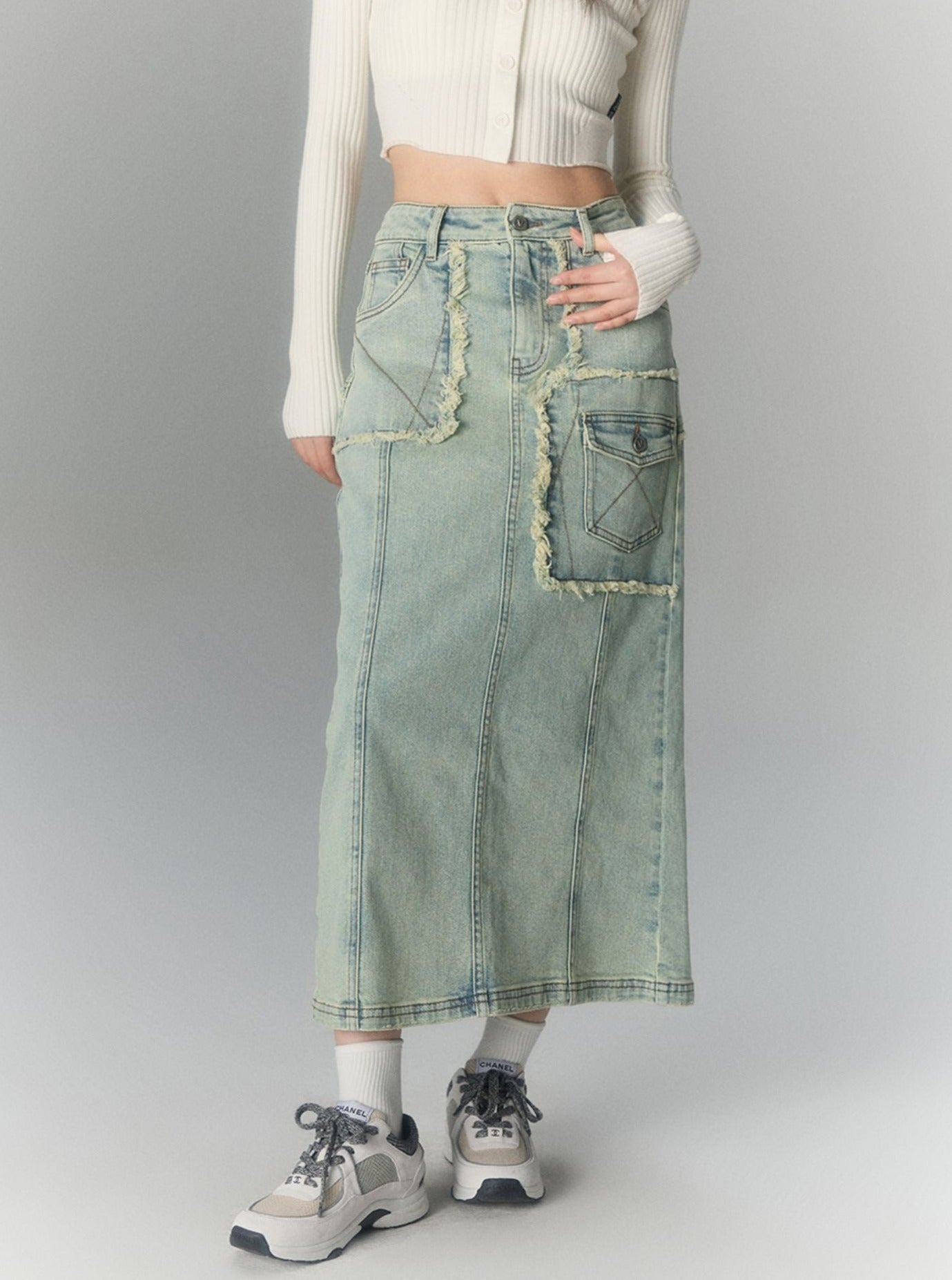 Large Pocket Athleisure Denim Maxi Skirt