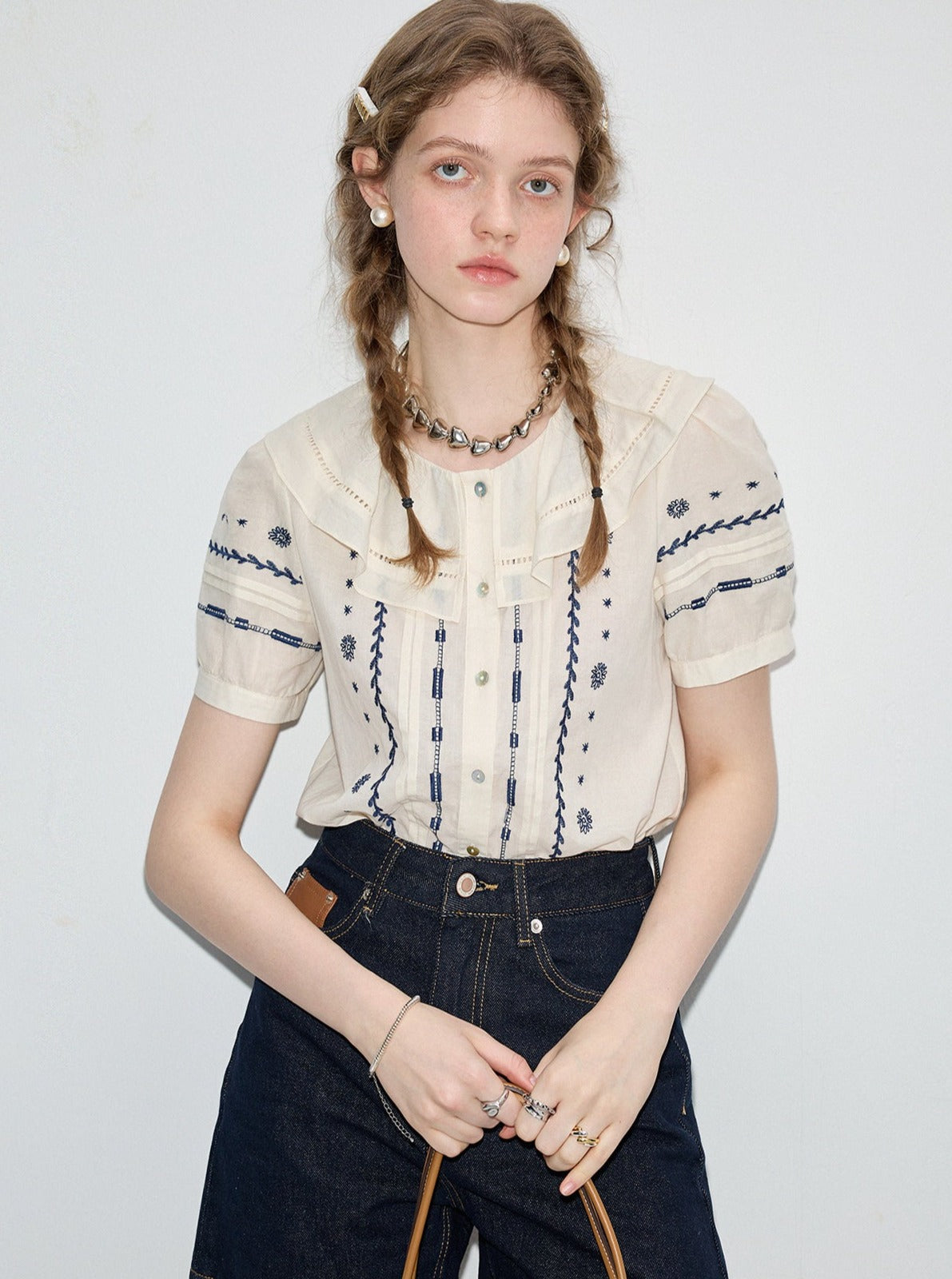 Embroidered Shirt & Denim Shorts Set-Up