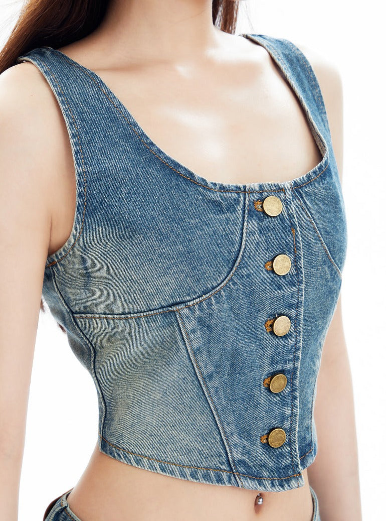 American Denim Wide Leg Short Vest Set-up