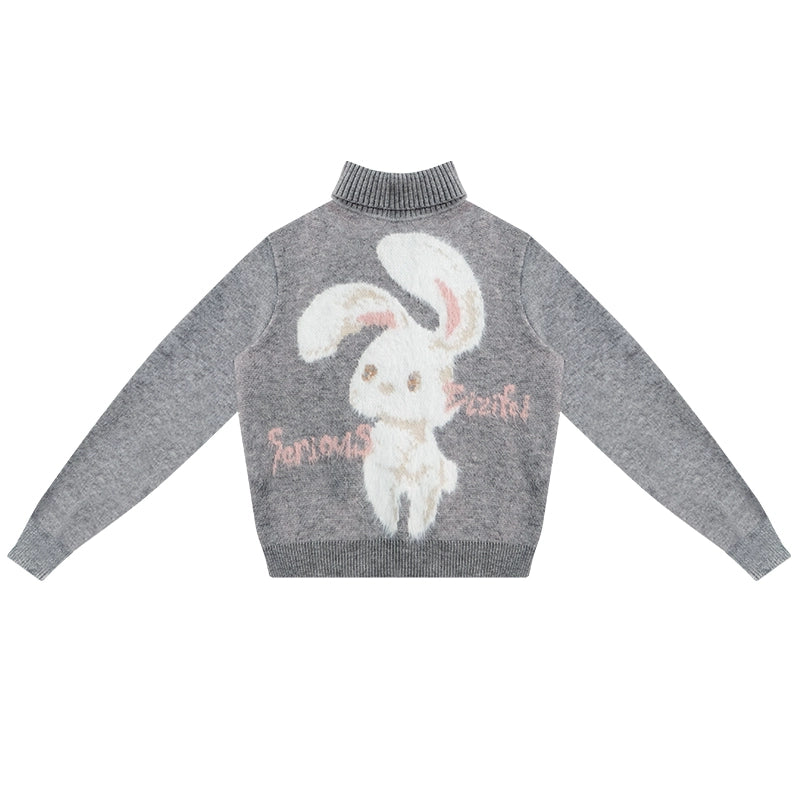 ziziFei autumn and winter American retro design high-quality plush rabbit soft and lazy gray turtleneck sweater women