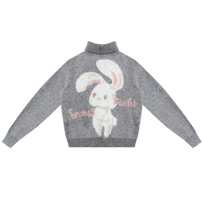 ziziFei autumn and winter American retro design high-quality plush rabbit soft and lazy gray turtleneck sweater women