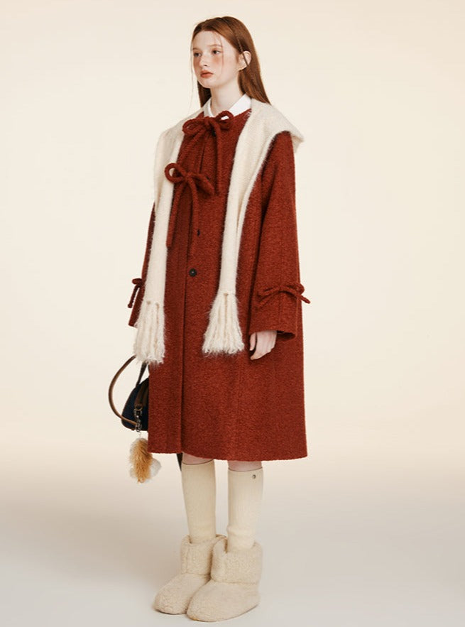 WHITE-RED HOOP TWEED WOOLEN COAT