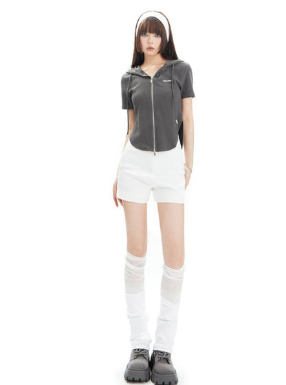 Hooded Zipper Short Sleeve T-shirt