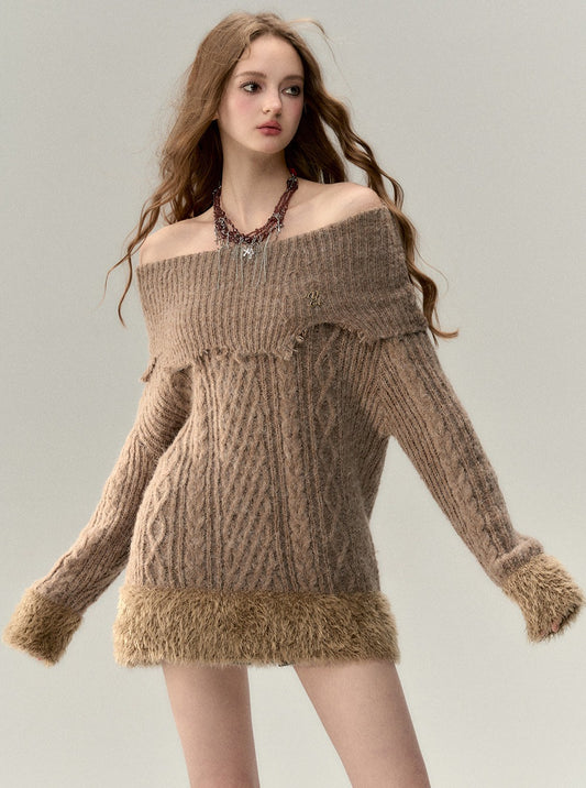 One-shoulder slant-shoulder two-wear knitted dress