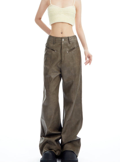 Loose Wide Leg PU Leather Pants