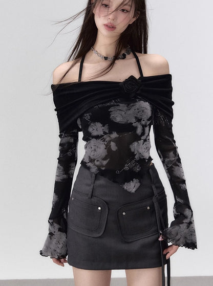 two-piece one-shoulder collar suspender T-shirt