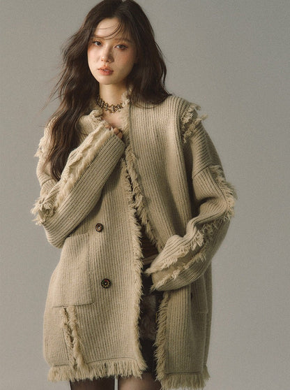 Mid-length hooded detachable knitted coat