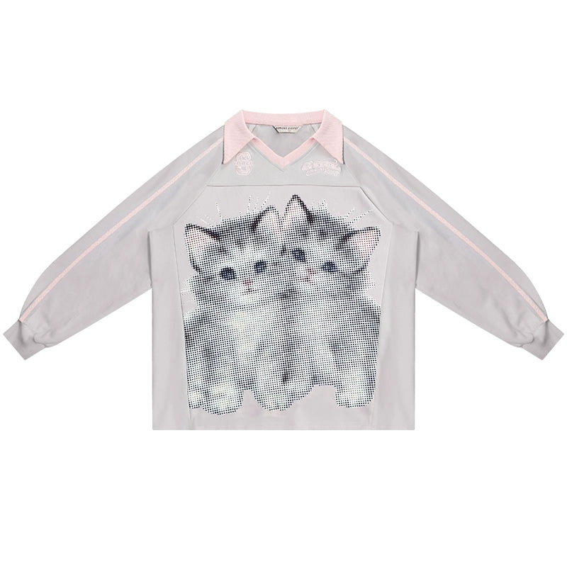 Cat Print Loose V-Neck Sweatshirt