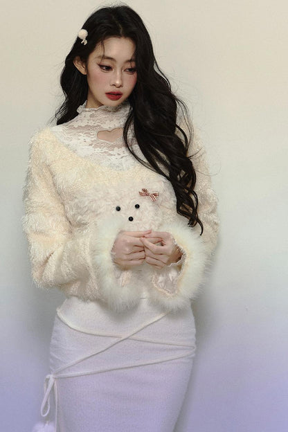 Plush Lace Short Sweater & Fishtail Skirt Set-Up