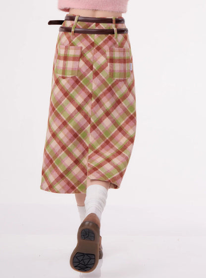 High-waisted check mid-length plaid Skirt