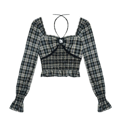 Plaid Halterneck Bubble Long-sleeved Top