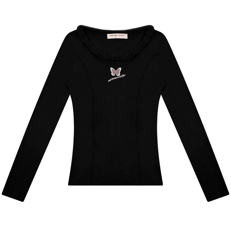 Butterfly embroidery slim thin knitted base shirt