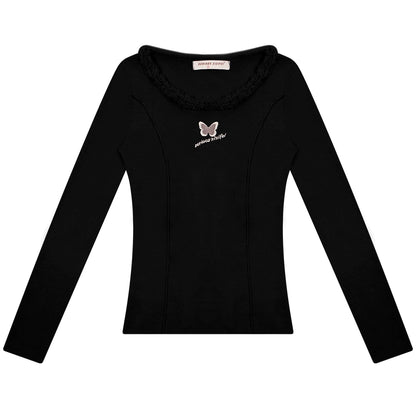 Butterfly embroidery slim thin knitted base shirt