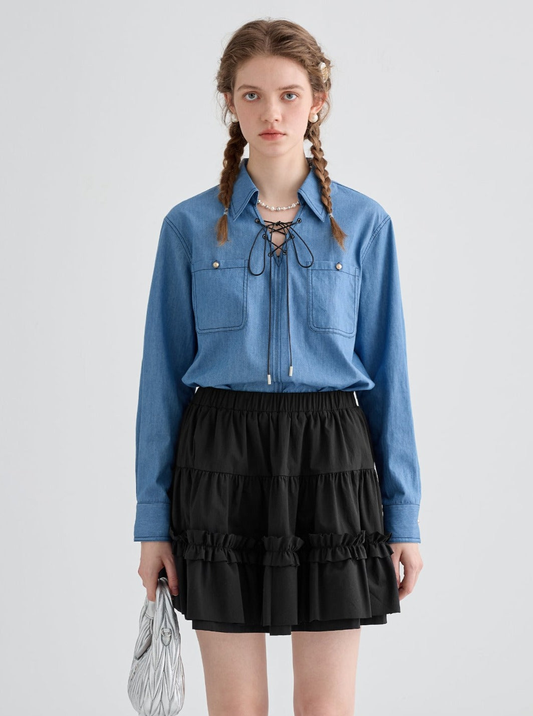 Retro denim lace-up shirt