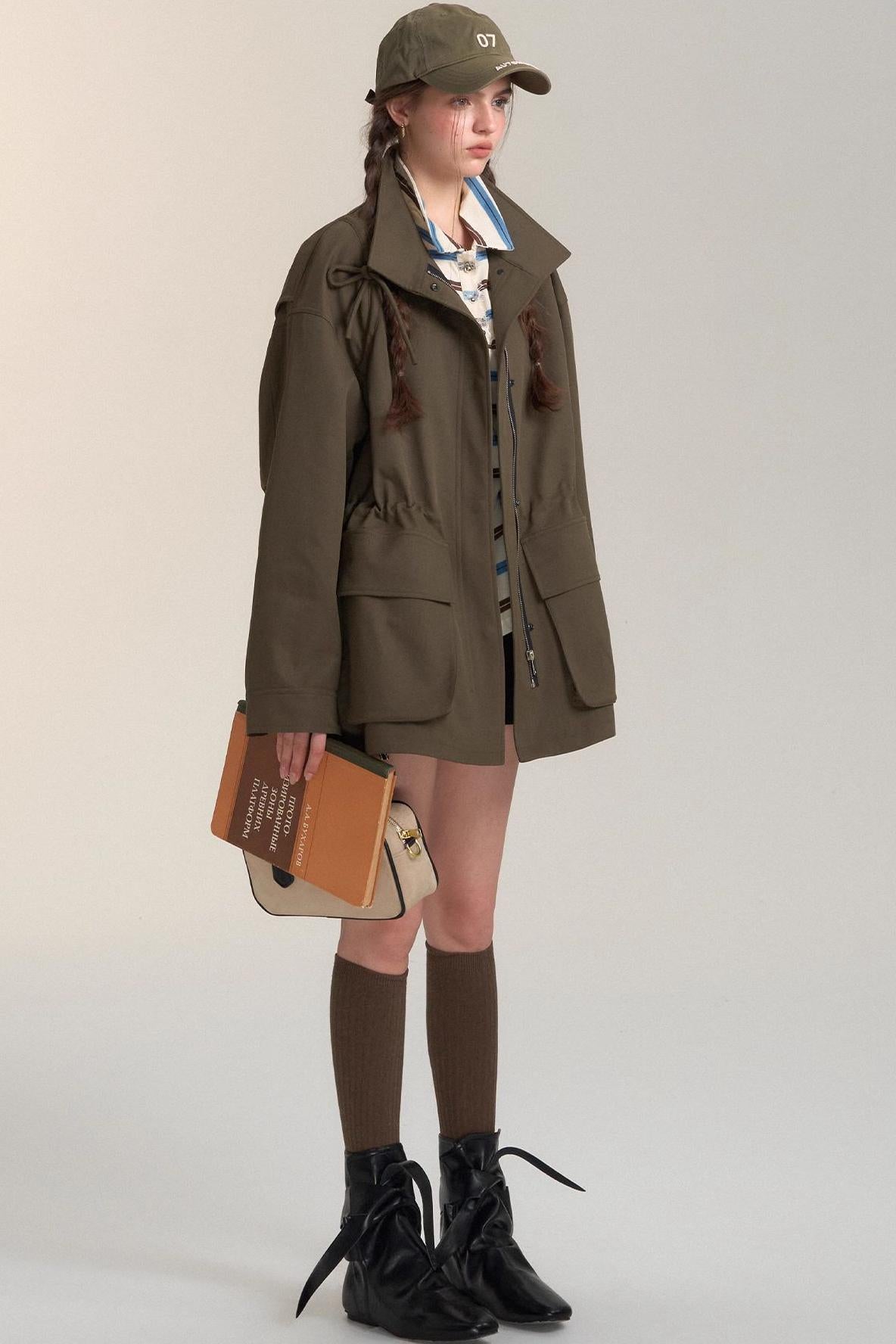 Drawstring Bow Cargo Coat