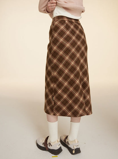Slit Design Retro Versatile Plaid Skirt