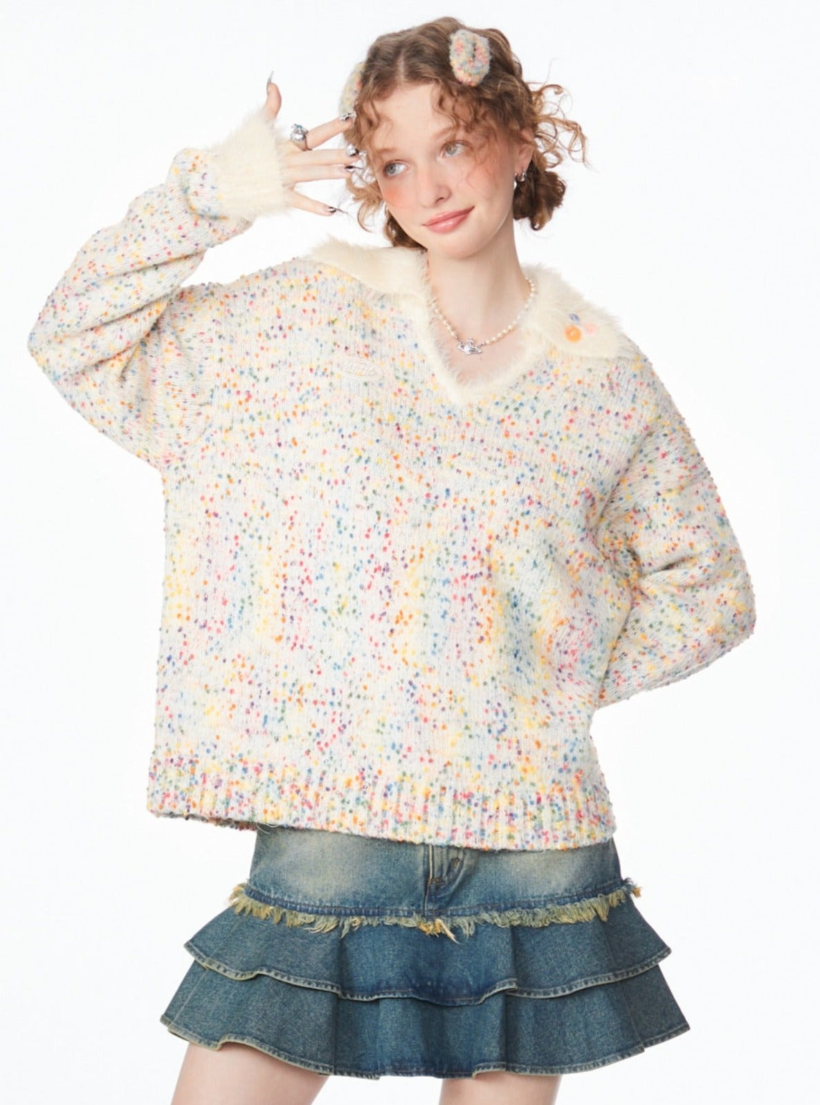 Vintage rainbow grain polo V-neck sweater