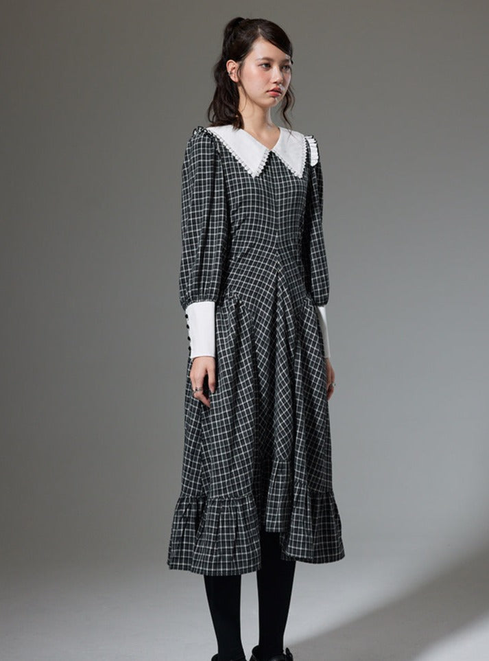 Retro long-sleeved plaid dress