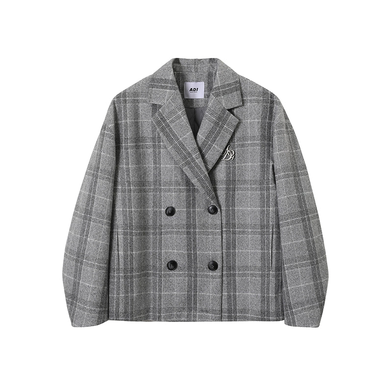 Grey Check Woolen Short Coat