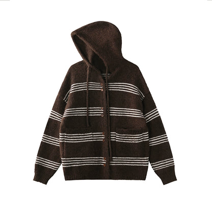 Slouchy Pinstripe Hooded Wool Cardigan