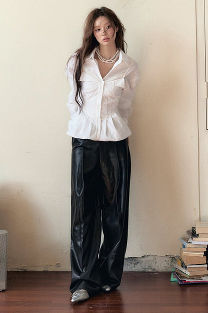 Loose Straight-Leg Leather Pants