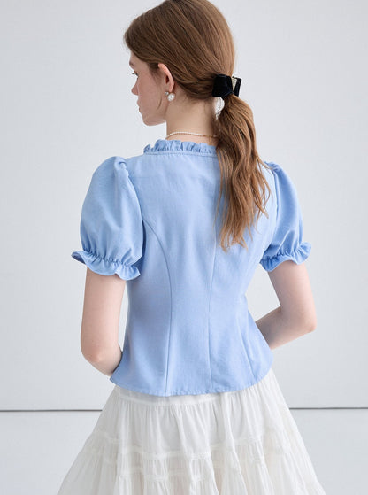 Lace Collar Bow Puff Sleeve Shirt