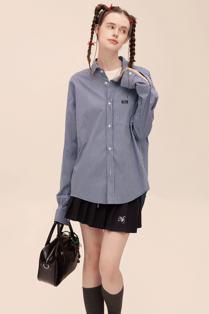 Retro Blue Plaid Long Sleeve Shirt