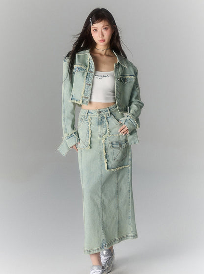 Large Pocket Athleisure Denim Maxi Skirt