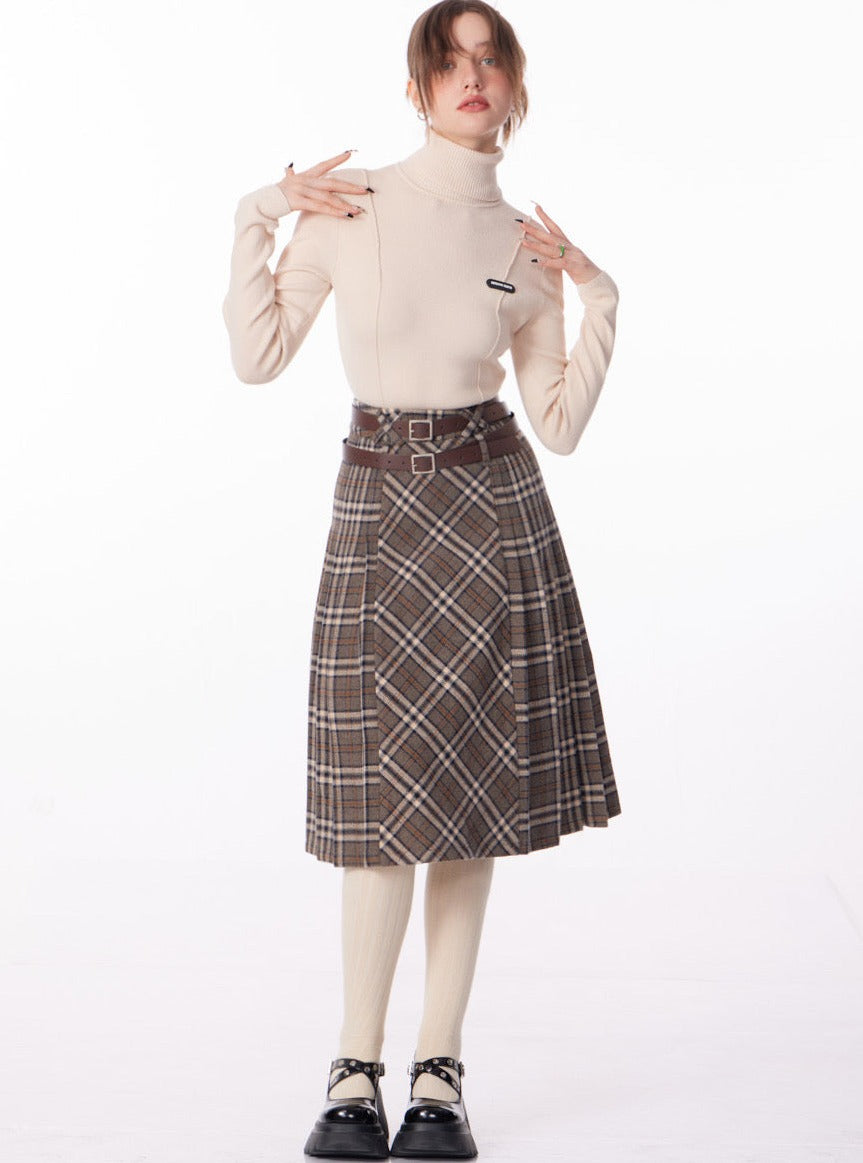 A-line plaid thickened pleated midi length Skirt