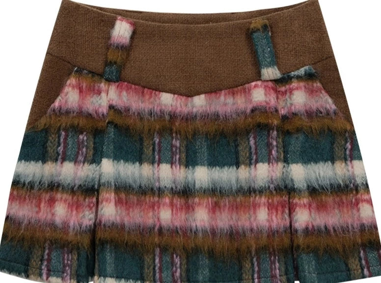 High-waisted thin red woolen tweed plaid short Skirt