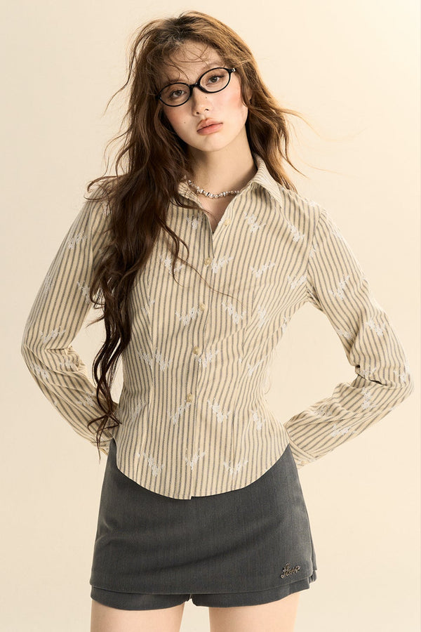 Textured Lace Striped Slim Shirt