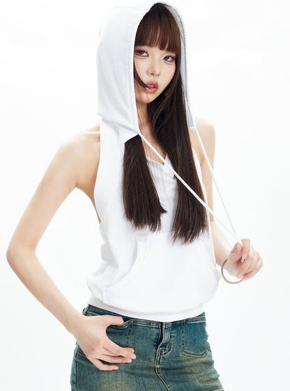 American Open Back Casual Hooded Sleeveless Tank Top