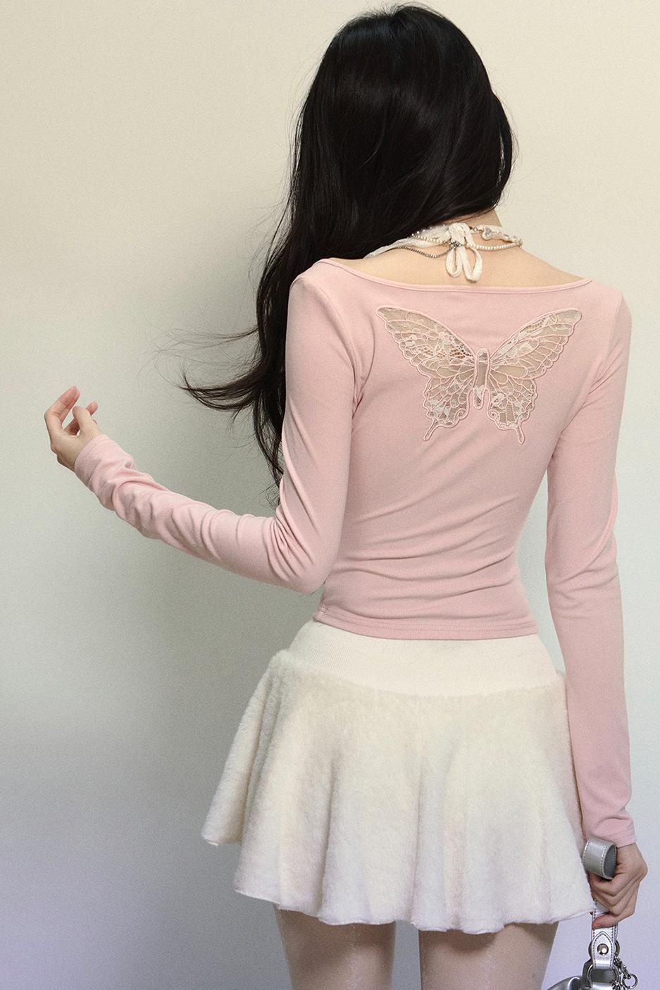 Butterfly Embroidery Long-Sleeve V-Neck T-Shirt