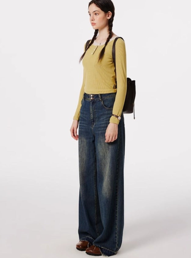 RETRO RAW-EDGED STRAIGHT-LEG MOP PANTS