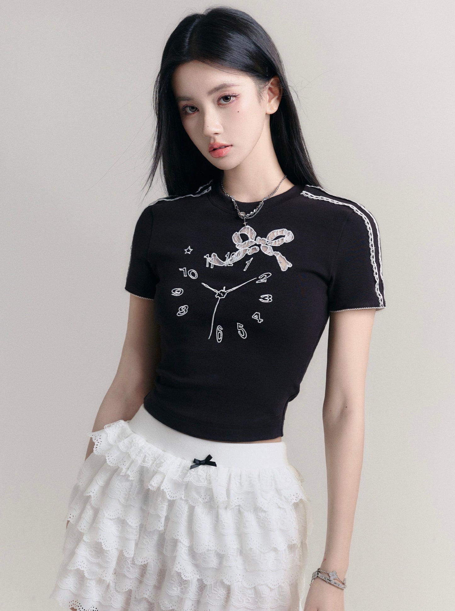 Girly Clock Embroidery T-Shirt