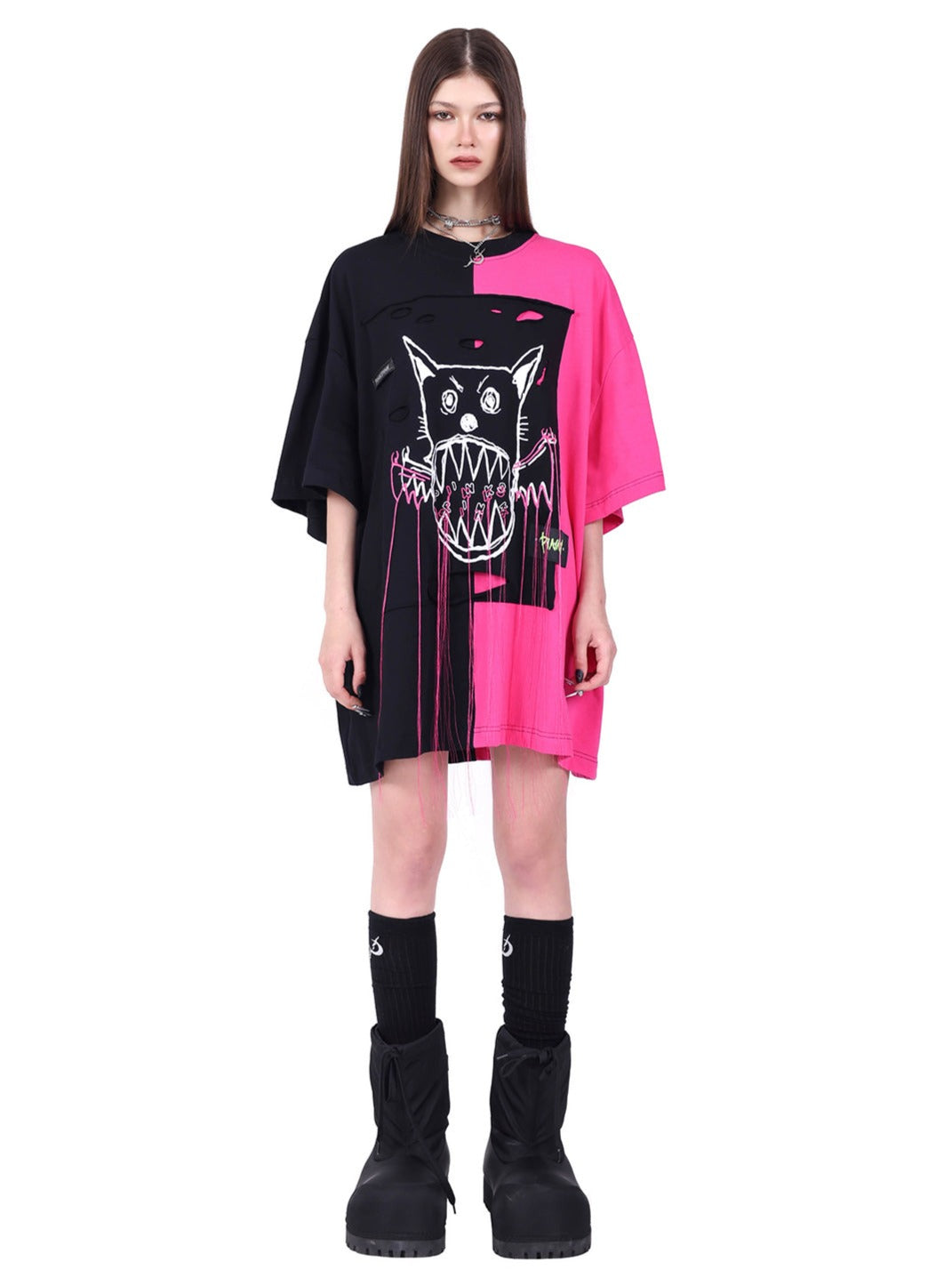 PINKSPINK2024/SS Cat Demon T-Shirt Original schwarz rosa Panels geschlechtslos lose Straße Y2K kurze Ärmel