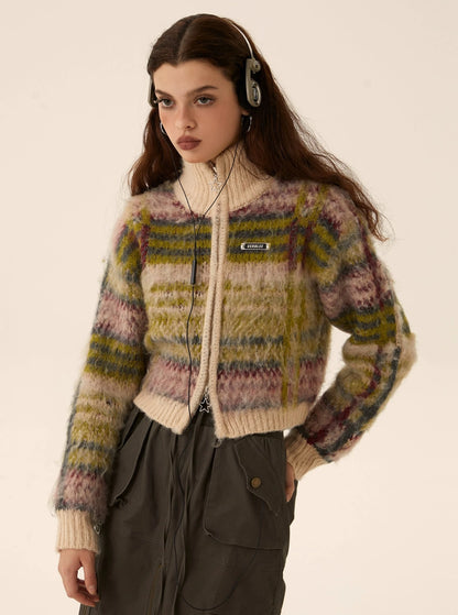 Cropped mohair knit cardigan zipper sweater coat