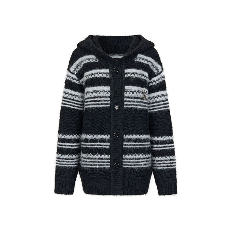 Thick Striped Hooded Cardigan