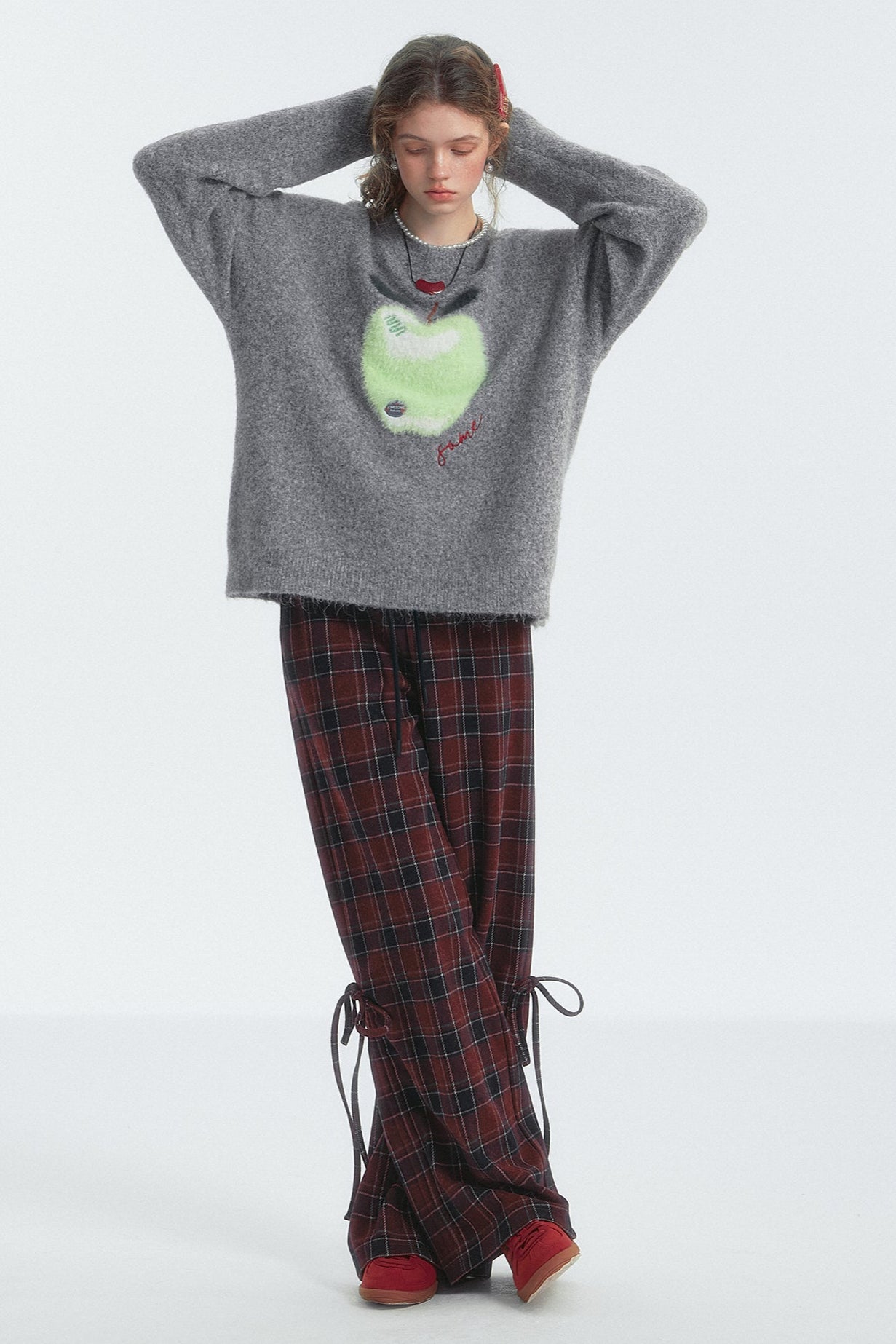 체크 드로스트링 보우 바지 