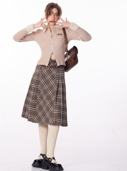 A-line plaid thickened pleated midi length Skirt