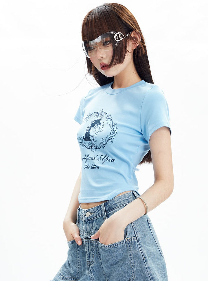 Denim cat printed short sleeved T-shirt