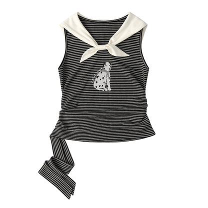 Puppy Print Bow-Striped Navy Tank Top