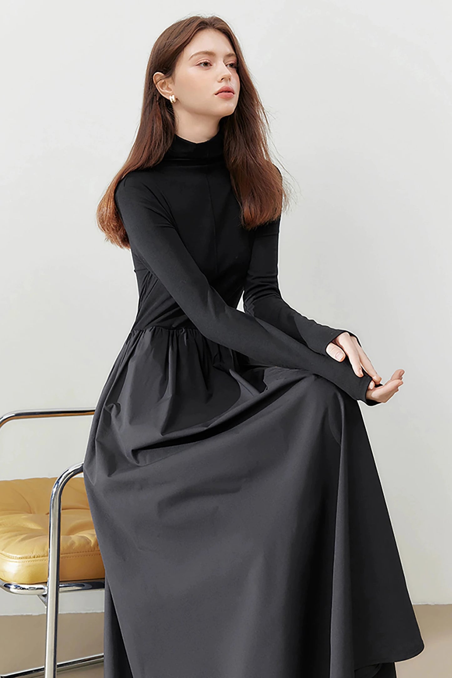 MEETLADY Simple Slim High Neck Knitted Long Sleeve Dress Women's Herbst/Winter 2024 New Slim Little Black Dress