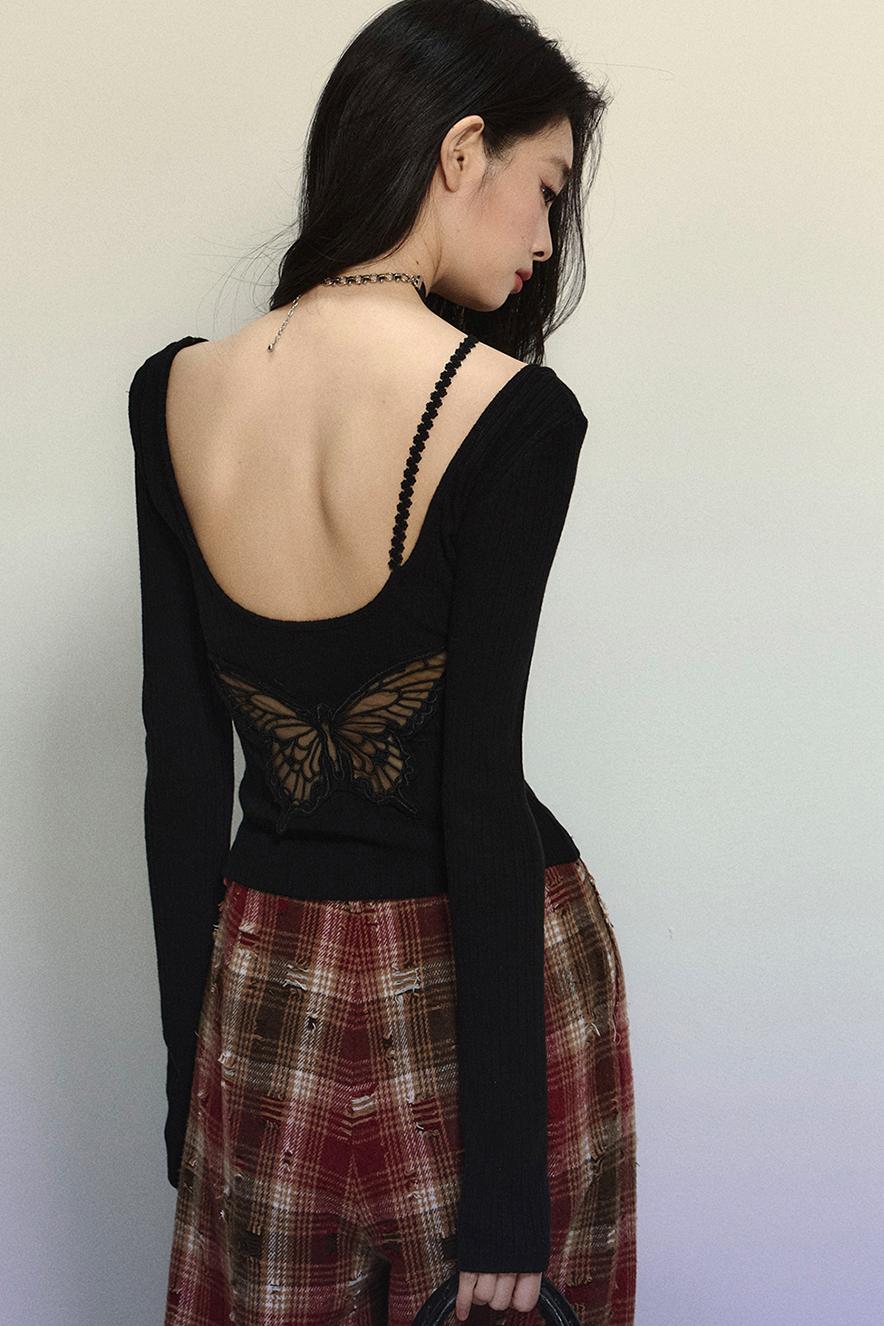 Crimson Lace Embroidered Backless Sweater