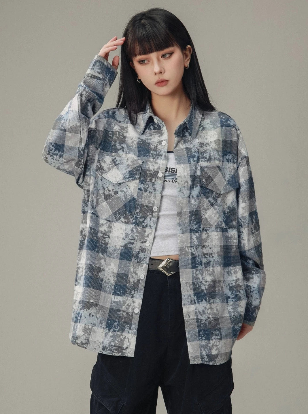 Distressed Mottled Plaid Long Sleeve Shirt