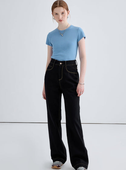 Mid-high waist straight wide-leg pants