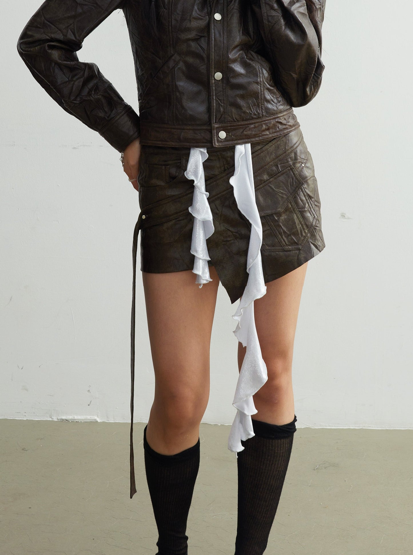 Wrinkled texture faux leather with skirt