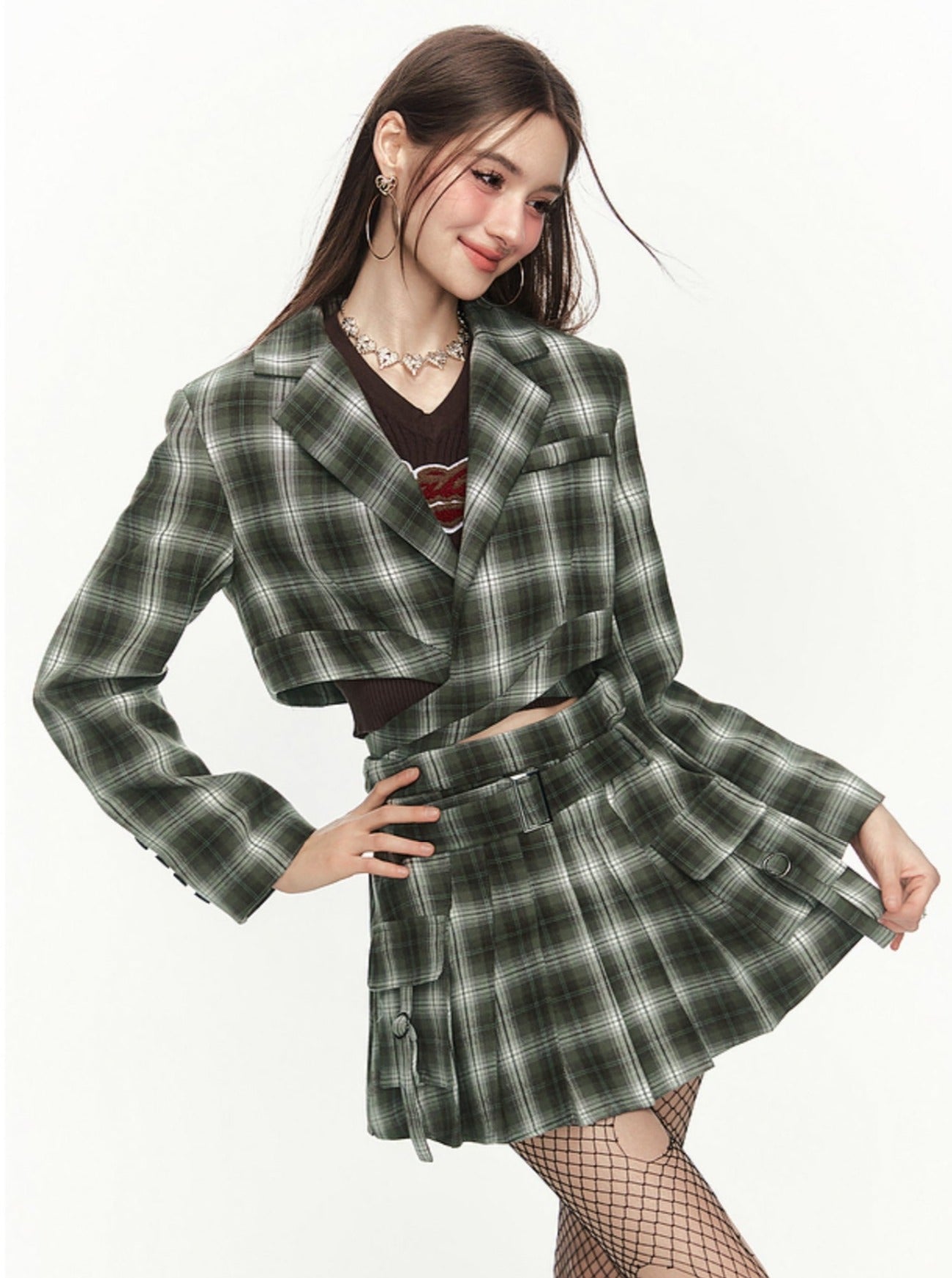 Plaid Suit Half Skirt Two Piece Set