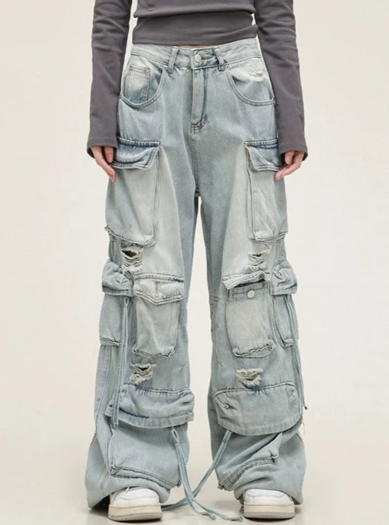 American Retro Multi-Pocket Jeans Pants